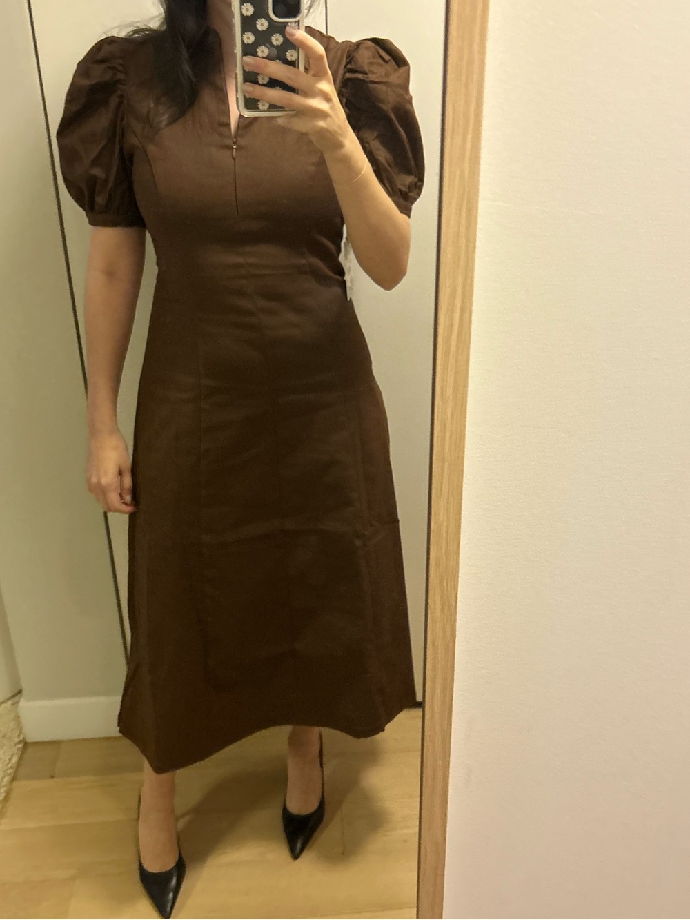 Hyacinth House Brown Puff-Sleeve Midi Dress with Zip Neck - Picture 6 of 6